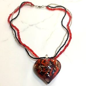 Pier One Imports Art Glass Puffy Heart Necklace Valentines Day Gift